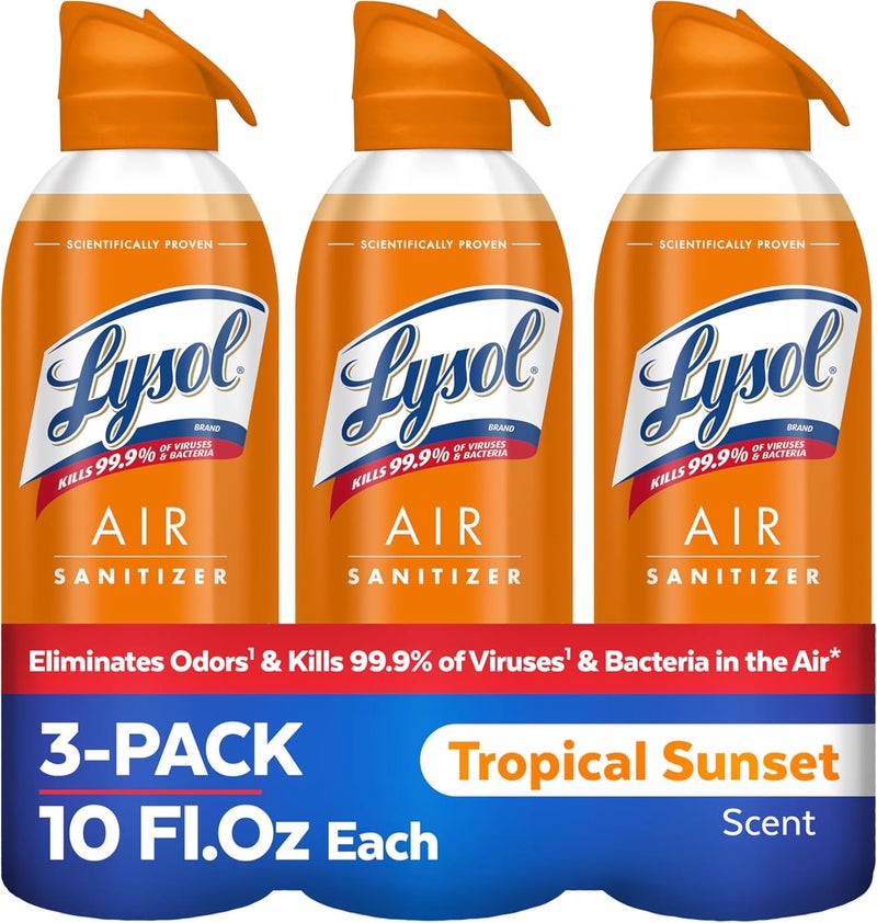 Lysol رذاذ معقم للهواء مع مزيل الروائح للمنزل والمكتب، رذاذ تعقيم، بديل معطر الهواء، رائحة غروب الشمس الاستوائية، 10 أونصات (عبوة من 3) - Image 1